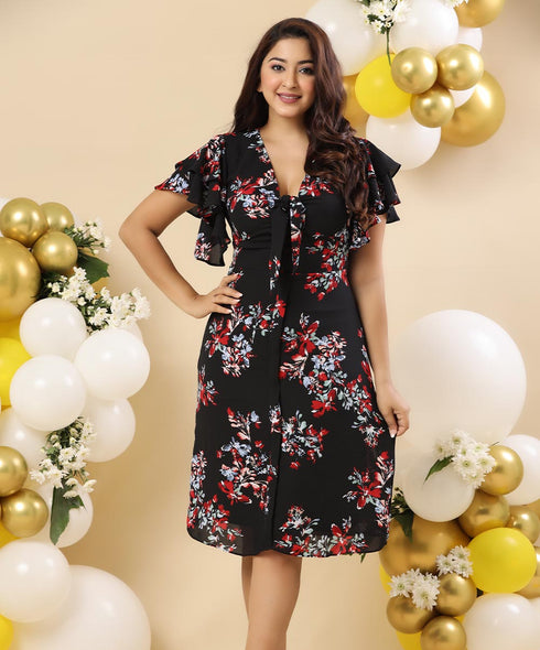 Vneck Front Bow Printed Chiffon Dress